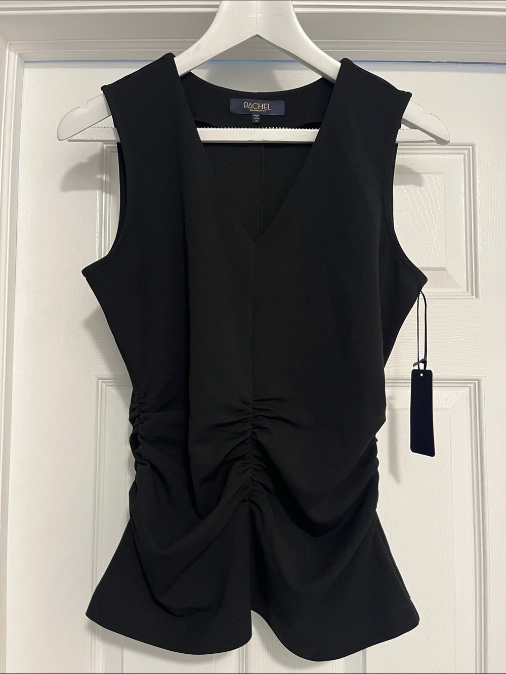 Rachel Roy Black Sleeveless Ruched V-Neck Top